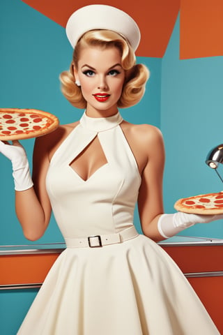 A stunning retro-inspired poster featuring a beautiful pin-up model in a 1960s fashion. She is wearing a classic white halter-neck dress with a full skirt and white gloves, accessorized with a chic pillbox hat. The main focus is her holding a slice of pizza, a playful twist on the typical pin-up look. The colors are vibrant and reminiscent of the 1960s era, with a touch of modern flair in the photograph., photo, fashion, product, poster