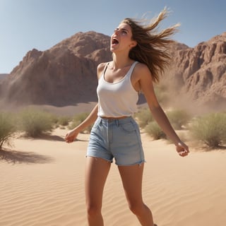 high quality, 8K Ultra HD, 19-year-old woman shouting, desert, hyper-realistic woman, highly detailed, photorealistic, full_body, full-body_ , realistic, real-life, real, full body visible, head to toe, background, traveling the world, full body visible, back view , side view, real-life , naturally, sweating