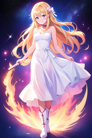 girl, anime, long hair, blonde, blue eyes, full body, cute, hd, 4k,  blonde, light brown eyes, beautiful, with katana, swort art online, white short dress, capa blanca abierta, botas blancas, estrellas de fondo, ojos color avellana, cabello rubio oscuro asuna yuuki