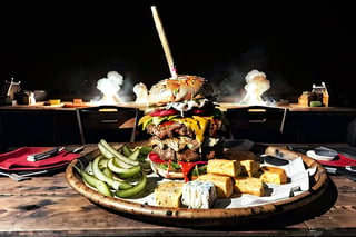 Captivating photograph of a gigantic cheeseburger sizzling on a massive platter, surrounded by an eerie aura of radioactive contamination. Gasoline drips artfully down the side, creating realistic shadows that add depth to the composition. The lighting is stark, with no distortion or softening, allowing for hyper-realistic textures and details to shine. The giant size of the burger and platter adds a sense of scale and grandeur, while the radiation-covered surface creates an unsettling contrast.