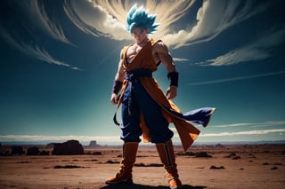 A dynamic, photorealistic depiction of Goku, radiating energy with a determined gaze, as he confronts Frieza on Planet Namek. The sky above is a deep crimson, with wispy clouds like cotton candy, and the terrain stretches out in a desolate, barren landscape. Lighting casts dramatic shadows on Goku's powerful physique, while Frieza's icy aura glows menacingly.