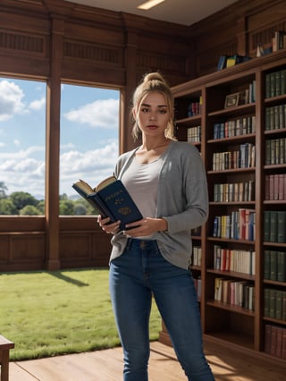 A photorealistic 21-year-old female influencer with blue eyes and perfect blonde hair tied in a high ponytail. She is standing in a library, wearing a smart casual outfit appropriate for a library setting. The photo captures her full body, including legs, reaching for a book on a high shelf. Other library patrons are browsing books in the background." focus dettail on face deatail on clothes detail on body detail in the environment,realistic remove bad quailty and replace it with high wuailty ffocus all detail on hands focus detail on feet focus detail body focus all detail on focus all detal on shadow focus all detail on ears focus deal on hair focus all deatail on textures focus detail sun rays fous all detail on reay traced on envirmonment focus all detail on vehicles remove on background blur completely fockus detal on sky focus all detail on clothes focus all detail on accessories focus all detail on buildings and house focus all detail on grass put way more detail in to face put way more detail in to eyes put way more detail in to lips put way more detail in to mouth put way more detail intoroads put way more detail in to vehicles put way more detail into sky put way more detail into clouds remove alll gltiches and bugs remove all texture issues fix eyes remove texture pop out