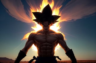 A dynamic, photorealistic depiction of Goku, radiating energy with a determined gaze, as he confronts Frieza on Planet Namek. The sky above is a deep crimson, with wispy clouds like cotton candy, and the terrain stretches out in a desolate, barren landscape. Lighting casts dramatic shadows on Goku's powerful physique, while Frieza's icy aura glows menacingly.