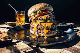 Captivating photograph of a gigantic cheeseburger sizzling on a massive platter, surrounded by an eerie aura of radioactive contamination. Gasoline drips artfully down the side, creating realistic shadows that add depth to the composition. The lighting is stark, with no distortion or softening, allowing for hyper-realistic textures and details to shine. The giant size of the burger and platter adds a sense of scale and grandeur, while the radiation-covered surface creates an unsettling contrast.