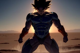 A dynamic, photorealistic depiction of Goku, radiating energy with a determined gaze, as he confronts Frieza on Planet Namek. The sky above is a deep crimson, with wispy clouds like cotton candy, and the terrain stretches out in a desolate, barren landscape. Lighting casts dramatic shadows on Goku's powerful physique, while Frieza's icy aura glows menacingly.