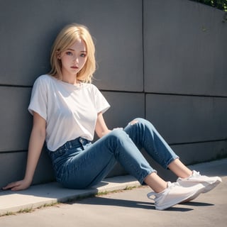 photorealistic instagram model, adorable, 23 year old girl, blue eyss, blonde hair, full body super quailty ultimate quailty, extreme quailty, realistic lighting, realistic shadows, 8k super quailty, sitting on the ground against the wall in public,
