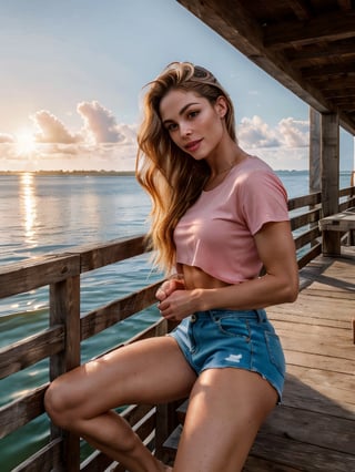 A breathtakingly beautiful American 21-year-old blonde, sitting on the dock, watching the sunset by the ocean. She's wearing sexy shorts, a pink shirt, and high heels. Focus on:

* Her long, cute hair blowing gently in the sea breeze
* Bright baby blue eyes that sparkle like the stars
* Perfect, plump lips that curve into a gentle smile
* Hands grasping the dock railing, with intricate finger details
* Feet dangling off the edge, with toes curled and nails painted
* A body that's toned and athletic, with subtle muscle definition

The lighting is warm and golden, with sun rays casting a flattering glow on her face. The ocean's waves caress the shore, creating soft ripples in the water. In the distance, vehicles are blurred out, but the focus remains on:

* Her captivating features, with added texture and detail
* The dock's wooden slats and rusty hinges
* The pink shirt's fabric weave and subtle wrinkles
* The shoes' buckles and straps, with intricate stitching
* The buildings and houses in the background, softened to maintain focus on the subject

Remove all glitches, bugs, and texture issues. Fix her eyes to be truly mesmerizing, with added depth and dimensionality. Render the entire scene in stunning 8K quality, with photorealistic attention to detail.