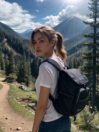  photorealistic 21-year-old female influencer with blue eyes and long blonde hair styled in a high ponytail. She is hiking up a scenic mountain trail, dressed in outdoor gear and carrying a backpack. The scene captures her adventurous spirit, with towering pine trees and distant peaks in the background. ffocus all detail on hands focus detail on feet focus detail body focus all detail on focus all detal on shadow focus all detail on ears focus deal on hair focus all deatail on textures focus detail sun rays fous all detail on reay traced on envirmonment focus all detail on vehicles remove on background blur completely fockus detal on sky focus all detail on clothes focus all detail on accessories focus all detail on buildings and house focus all detail on grass put way more detail in to face put way more detail in to eyes put way more detail in to lips put way more detail in to mouth put way more detail intoroads put way more detail in to vehicles put way more detail into sky put way more detail into clouds remove alll gltiches and bugs remove all texture issues fix eyes remove texture pop out