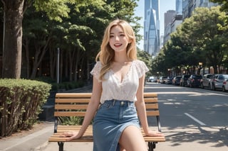 A stunning 23-year-old woman with piercing baby blue eyes and well-proportioned facial features poses against a cityscape backdrop, framed by sleek skyscrapers. Her consistent blonde long hair flows effortlessly, accentuating her flawless face under warm streetlights. In another scene, she walks barefoot on a sun-kissed beach at sunset, her flowing locks blowing gently in the ocean breeze. Next, she stands amidst lush forest foliage, her golden tresses entwining with branches as she gazes serenely into the distance. She lounges on a park bench, reads a book, and laughs with friends; confidently strides through a boardroom; playfully dances on a city street; leans in for a romantic kiss; takes a selfie with her phone; gets married; enjoys a night out at a bar; and reminisces about her childhood, all while maintaining her iconic blonde hair and adapting facial expressions to each setting.