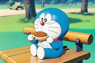 1 Doraemon, smooth, moved, sitting on the bench, eating an dorayaki, background is beautiful park and blurred, smooth, realistic, foodstyle, slight photography, detalied_background, high quality, realistic, 3d