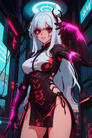 Sexy Pose , (masterpiece),(solo), 1 Japanese beauty, white hair ,  (high sexual attraction,long hair), in the dark night, (sexy Chinese Hanfu+body implants) ,(highly detailed background of ancient Indian achitechture with neon lights) ,Cyberpunk,Enhance,  Chinese fantasy art