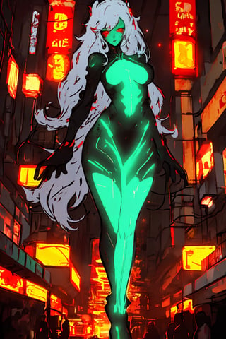 Sexy Pose , (masterpiece),(solo), 1 Japanese beauty, white hair ,  (high sexual attraction,long hair), in the dark night, (sexy Chinese Hanfu+body implants) ,(highly detailed background of ancient Indian achitechture with neon lights) ,Cyberpunk,Enhance,  Chinese fantasy art