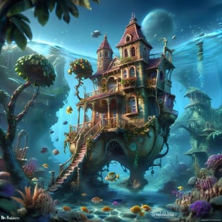 MAGICAL cute STORYBOOK tropical bay , shabby STYLE lovely house on the tropical bay ON THE book PAGE, summer, tropical fish in the water. Modifiers: highly detailed dof trending on cgsociety steampunk fantastic view ultra detailed 4K 3D whimsical Storybook beautifully lit etheral highly intricate stunning color depth disorderly outstanding cute illustration cuteaesthetic Boris Vallejo style shadow play The mood is Mysterious and Spellbinding, with a sense of otherworldliness otherwordliness macro photography style LEONARDO DIFFUSION XL STYLE vintage-boho