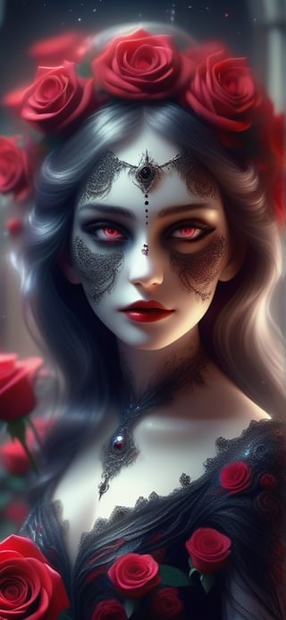 A beautiful girl in gothic style with an elegant dress, very hyper-detailed face, walking down the aisle of vibrant red roses. magic is everywhere. magical moments, she is happy to be alone in this world, very detailed image, photorealistic, masterpiece, dynamic light, sparkling,