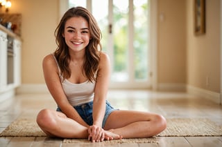 Close-up shot of a young woman sitting on the floor, legs apart in an innocent pose, showcasing her carefree attitude. Soft, warm lighting illuminates her youthful features and vibrant smile. The camera captures every detail, from the gentle curve of her eyebrows to the subtle freckles on her cheeks. Framed by a shallow depth of field, the subject takes center stage, surrounded by a blurred background. No filters or edits can enhance this natural beauty, as if captured in an unguarded moment, yet with perfect proportions and crystal-clear image quality.