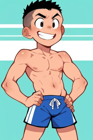  A plump young boy with a buzzcut and rosy cheeks, shirtless in gym shorts, exudes warmth as he strikes a confident pose, hands on hips, with a sly grin hinting at playful antics. Vibrant colors and bold lines of the anime world surround him, dynamic shading capturing the energy of his cheerful demeanor amidst swirling clouds.
