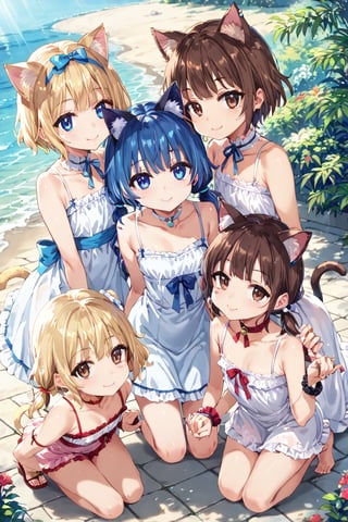 masterpiece, best quality, ultra-detailed, score_9, score_8_up, score_7_up, 
facing viewer, above view, 

,(((Three girls))), 

the first one (shiny brown hair, shiny brown cat ears ,  short hair, light blonde medium hair, low twintails, shiny brown hairs ,brown eyes, ), 

the second one (shiny blonde hair, shiny blonde cat ears ,  short hair, light blonde medium hair, low twintails, shiny blonde hairs ,blue eyes ),

the third one (shiny dark blue hair, shiny dark blue cat ears ,  short bob hair, dark blue medium hair, , shiny dark blue hairs ,blue eyes ),

, kannakamui, emo, Claudia, , (((flat chest))), No public hair, extremely pretty face, beautiful face, ultra-detaild face, cute and round face, ultra-detailed eyes, round eyes, rubby eyes, droopy eyes , 

Exact finger count, beautiful and delicate and ultra-detailed finger, 1 of the 5 beautiful fingers is a thumb and natural shape,

(((very young Petite girl))), skinny,

((leaning forward)),((pow pose)), kneeling ,hip shift ,

good friends, holding hands, sexfriend,
((nekomimi)),

summer, in the lakeside, outdoor,

white Summer-like camisole dress , colored lace line ribbon, lots of lace,shyness or smile,
