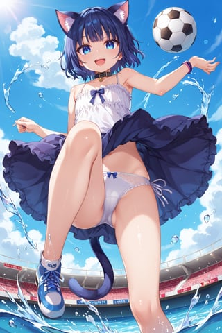 masterpiece, best quality, ultra-detailed, score_9, score_8_up, score_7_up, 
focus on face,

(one girl), shot from below, full body,

shiny dark blue hair, shiny dark blue cat ears ,  short bob hair, dark blue medium hair, shiny dark blue hairs ,blue eyes,

, kannakamui, emo, Claudia, , (((flat chest))), No public hair, extremely pretty face, beautiful face, ultra-detaild face, cute and round face, ultra-detailed eyes, round eyes, rubby eyes, droopy eyes , 

beautiful and delicate and ultra-detailed finger, 

(((very young Petite girl))), skinny,

((nekomimi)),Cat ears the same color as her hair, cat collar,

summer, in the lakeside beach, outdoor, resort,
 in  the see ,on shallow water, hands to skirt lift, hands to skirt hold ,((Football 
 kicking to viewer)),
 ,(Splashing water from ankle),
((water drops on legs)),

all white Summer-like camisole dress , colored lace line ribbon, lots of lace, shyness, smile, happy, small open mouth,

cat tail,
