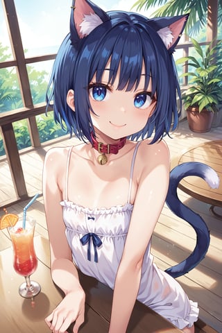 masterpiece, best quality, ultra-detailed, score_9, score_8_up, score_7_up, 
focus on face,

(one girl), 

shiny dark blue hair, shiny dark blue cat ears ,  short bob hair, dark blue medium hair, shiny dark blue hairs ,blue eyes,

, kannakamui, emo, Claudia, , (((flat chest))), No public hair, extremely pretty face, beautiful face, ultra-detaild face, cute and round face, ultra-detailed eyes, round eyes, rubby eyes, droopy eyes , 

beautiful and delicate and ultra-detailed finger, 

(((very young Petite girl))), skinny,

((nekomimi)),Cat ears the same color as her hair, cat collar,

summer, in the lakeside, outdoor, resort,
 in  the open cafe, sit at a table, one tropical juice, two straws,

white Summer-like camisole dress , colored lace line ribbon, lots of lace, shyness, smile, happy,

cat tail,
