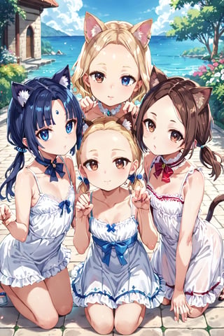 masterpiece, best quality, ultra-detailed, score_9, score_8_up, score_7_up, 
facing viewer, above view, 

,(((Three girls))), 

the first one (shiny brown hair, shiny brown cat ears ,  short hair, light blonde medium hair, low twintails, shiny brown hairs ,brown eyes, ), 

the second one (shiny blonde hair,(((blunt bangs:1.4))),(((very short bangs:1.4))),(((forehead:1.3))), shiny blonde cat ears ,  short hair, light blonde medium hair, low twintails, shiny blonde hairs ,blue eyes ),

the third one (shiny dark blue hair, shiny dark blue cat ears ,  short bob hair, dark blue medium hair, , shiny dark blue hairs ,blue eyes ),

, kannakamui, emo, Claudia, , (((flat chest))), No public hair, extremely pretty face, beautiful face, ultra-detaild face, cute and round face, ultra-detailed eyes, round eyes, rubby eyes, droopy eyes , 

Exact finger count, beautiful and delicate and ultra-detailed finger, 1 of the 5 beautiful fingers is a thumb and natural shape,

(((very young Petite girl))), skinny,

((leaning forward)),((pow pose)), kneeling ,hip shift ,

good friends, holding hands, sexfriend,

summer, in the lakeside, outdoor,

white Summer-like camisole dress , colored lace line ribbon, lots of lace,
