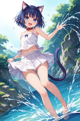 masterpiece, best quality, ultra-detailed, score_9, score_8_up, score_7_up, 
focus on face,

(one girl), shot from below, full body,

shiny dark blue hair, shiny dark blue cat ears ,  short bob hair, dark blue medium hair, shiny dark blue hairs ,blue eyes,

, kannakamui, emo, Claudia, , (((flat chest))), No public hair, extremely pretty face, beautiful face, ultra-detaild face, cute and round face, ultra-detailed eyes, round eyes, rubby eyes, droopy eyes , 

beautiful and delicate and ultra-detailed finger, 

(((very young Petite girl))), skinny,

((nekomimi)),Cat ears the same color as her hair, cat collar,

summer, in the lakeside beach, outdoor, resort,
 in  the see ,on shallow water, (((hands to white skirt lift))), (kick up water),
 ,(Splashing water from ankle),
((water drops on legs)),(water on legs),

all white Summer-like camisole dress , colored lace line ribbon, lots of lace, shyness, smile, happy, small open mouth,

cat tail,
