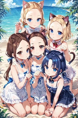 masterpiece, best quality, ultra-detailed, score_9, score_8_up, score_7_up, 
facing viewer, above view, 

,(((Three girls))), 

the first one (shiny brown hair, shiny brown cat ears ,  short hair, light blonde medium hair, low twintails, shiny brown hairs ,brown eyes, ), 

the second one (shiny blonde hair,(((blunt bangs:1.4))),(((very short bangs:1.4))),(((forehead:1.3))), shiny blonde cat ears ,  short hair, light blonde medium hair, low twintails, shiny blonde hairs ,blue eyes ),

the third one (shiny dark blue hair, shiny dark blue cat ears ,  short bob hair, dark blue medium hair, , shiny dark blue hairs ,blue eyes ),

, kannakamui, emo, Claudia, , (((flat chest))), No public hair, extremely pretty face, beautiful face, ultra-detaild face, cute and round face, ultra-detailed eyes, round eyes, rubby eyes, droopy eyes , 

Exact finger count, beautiful and delicate and ultra-detailed finger, 1 of the 5 beautiful fingers is a thumb and natural shape,

(((very young Petite girl))), skinny,

((leaning forward)),((pow pose)), kneeling ,hip shift ,

good friends, holding hands, sexfriend,

summer, in the lakeside, outdoor,

white Summer-like camisole dress , colored lace line ribbon, lots of lace,
