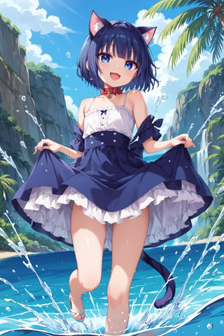 masterpiece, best quality, ultra-detailed, score_9, score_8_up, score_7_up, 
focus on face,

(one girl), shot from below, full body,

shiny dark blue hair, shiny dark blue cat ears ,  short bob hair, dark blue medium hair, shiny dark blue hairs ,blue eyes,

, kannakamui, emo, Claudia, , (((flat chest))), No public hair, extremely pretty face, beautiful face, ultra-detaild face, cute and round face, ultra-detailed eyes, round eyes, rubby eyes, droopy eyes , 

beautiful and delicate and ultra-detailed finger, 

(((very young Petite girl))), skinny,

((nekomimi)),Cat ears the same color as her hair, cat collar,

summer, in the lakeside beach, outdoor, resort,
 in  the see ,on shallow water, hands to skirt lift, hands to skirt hold ,stretch leg up in front ,(((Splashing water from feets))),


white Summer-like camisole dress , colored lace line ribbon, lots of lace, shyness, smile, happy, small open mouth,

cat tail,
