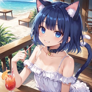 masterpiece, best quality, ultra-detailed, score_9, score_8_up, score_7_up, 
focus on face,

(one girl), shot from above,

shiny dark blue hair, shiny dark blue cat ears ,  short bob hair, dark blue medium hair, shiny dark blue hairs ,blue eyes,

, kannakamui, emo, Claudia, , (((flat chest))), No public hair, extremely pretty face, beautiful face, ultra-detaild face, cute and round face, ultra-detailed eyes, round eyes, rubby eyes, droopy eyes , 

beautiful and delicate and ultra-detailed finger, 

(((very young Petite girl))), skinny,

((nekomimi)),Cat ears the same color as her hair, cat collar,

summer, in the lakeside, outdoor, resort,
 in  the open cafe, sit at a table, one tropical juice, two straws, she drinks juice ,

white Summer-like camisole dress , colored lace line ribbon, lots of lace, shyness, smile, happy,

cat tail,
