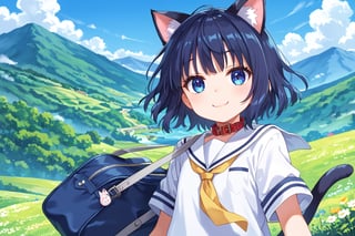 masterpiece, best quality, ultra-detailed, score_9, score_8_up, score_7_up, 
focus on face,

(one girl), solo,

shiny dark blue hair, shiny dark blue cat ears ,  short bob hair, dark blue medium hair, shiny dark blue hairs ,blue eyes,

, kannakamui, emo, Claudia, , (((flat chest))), No public hair, extremely pretty face, beautiful face, ultra-detaild face, cute and round face, ultra-detailed eyes, round eyes, rubby eyes, droopy eyes, 

beautiful and delicate and ultra-detailed finger, 

(((very young Petite girl))), skinny,

((cat ears)),Cat ears the same color as her hair, cat collar, cat tail,

summer, japan, country, countryside, mountain range, paddy field, 


walking, carry a blue student bag on one's shoulder, hands free,

(((white summer school uniform))), short sleeve, yellow ribbon tie, blowing in the wind,

shyness, smile, happy,

look at viewer, shot from below, 

,mirham,angeldust_style,scenery