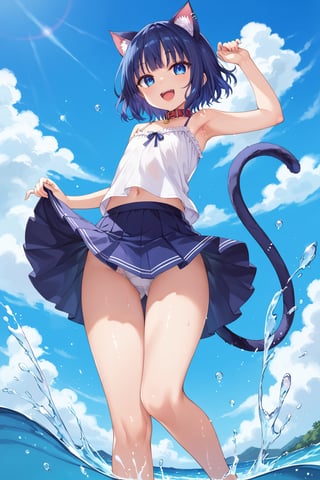 masterpiece, best quality, ultra-detailed, score_9, score_8_up, score_7_up, 
focus on face,

(one girl), shot from below, full body,

shiny dark blue hair, shiny dark blue cat ears ,  short bob hair, dark blue medium hair, shiny dark blue hairs ,blue eyes,

, kannakamui, emo, Claudia, , (((flat chest))), No public hair, extremely pretty face, beautiful face, ultra-detaild face, cute and round face, ultra-detailed eyes, round eyes, rubby eyes, droopy eyes , 

beautiful and delicate and ultra-detailed finger, 

(((very young Petite girl))), skinny,

((nekomimi)),Cat ears the same color as her hair, cat collar,

summer, in the lakeside beach, outdoor, resort,
 in  the see ,on shallow water, (((hands to skirt lift))), (kick up water),
 ,(Splashing water from ankle),
((water drops on legs)),(water on legs),

all white Summer-like camisole dress , colored lace line ribbon, lots of lace, shyness, smile, happy, small open mouth,

cat tail,
