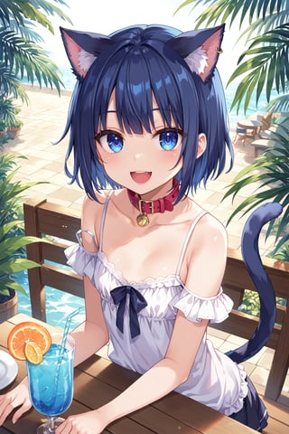 masterpiece, best quality, ultra-detailed, score_9, score_8_up, score_7_up, 
focus on face,

(one girl), shot from above,

shiny dark blue hair, shiny dark blue cat ears ,  short bob hair, dark blue medium hair, shiny dark blue hairs ,blue eyes,

, kannakamui, emo, Claudia, , (((flat chest))), No public hair, extremely pretty face, beautiful face, ultra-detaild face, cute and round face, ultra-detailed eyes, round eyes, rubby eyes, droopy eyes , 

beautiful and delicate and ultra-detailed finger, 

(((very young Petite girl))), skinny,

((nekomimi)),Cat ears the same color as her hair, cat collar,

summer, in the lakeside, outdoor, resort,
 in  the open cafe, sit at a table, one tropical juice, two straws, she drinks juice ,

white Summer-like camisole dress , colored lace line ribbon, lots of lace, shyness, smile, happy, small open mouth,

cat tail,
