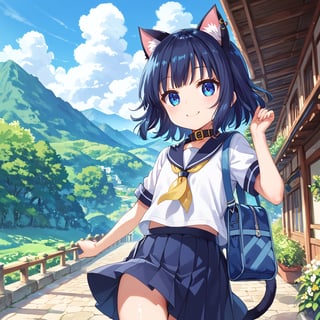 masterpiece, best quality, ultra-detailed, score_9, score_8_up, score_7_up, 
focus on face,

(one girl), solo,

shiny dark blue hair, shiny dark blue cat ears ,  short bob hair, dark blue medium hair, shiny dark blue hairs ,blue eyes,

, kannakamui, emo, Claudia, , (((flat chest))), No public hair, extremely pretty face, beautiful face, ultra-detaild face, cute and round face, ultra-detailed eyes, round eyes, rubby eyes, droopy eyes, 

beautiful and delicate and ultra-detailed finger, 

(((very young Petite girl))), skinny,

((cat ears)),Cat ears the same color as her hair, cat collar, cat tail,

summer, japan, country, countryside, mountain range, paddy field, 


walking, carry a blue student bag on one's shoulder, hands free,

(((white summer school uniform))), short sleeve, yellow ribbon tie,  wind,

shyness, smile, happy,

look at viewer, shot from below, 

,mirham,angeldust_style,scenery