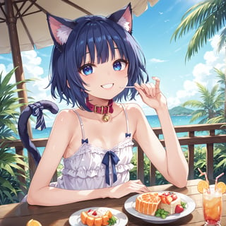 masterpiece, best quality, ultra-detailed, score_9, score_8_up, score_7_up, 
focus on face,

(one girl), 

shiny dark blue hair, shiny dark blue cat ears ,  short bob hair, dark blue medium hair, shiny dark blue hairs ,blue eyes,

, kannakamui, emo, Claudia, , (((flat chest))), No public hair, extremely pretty face, beautiful face, ultra-detaild face, cute and round face, ultra-detailed eyes, round eyes, rubby eyes, droopy eyes , 

beautiful and delicate and ultra-detailed finger, 

(((very young Petite girl))), skinny,

((nekomimi)),Cat ears the same color as her hair, cat collar,

summer, in the lakeside, outdoor, resort,
 in  the open cafe, sit at a table, one tropical juice, two straws,

white Summer-like camisole dress , colored lace line ribbon, lots of lace, shyness, smile, happy,

cat tail,
