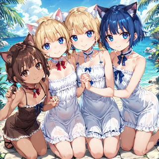 masterpiece, best quality, ultra-detailed, score_9, score_8_up, score_7_up, 
facing viewer, above view, 

,(((Three girls))), 

the first one (shiny brown hair, shiny brown cat ears ,  short hair, light blonde medium hair, low twintails, shiny brown hairs ,brown eyes, ), 

the second one (shiny blonde hair, shiny blonde cat ears ,  short hair, light blonde medium hair, low twintails, shiny blonde hairs ,blue eyes ),

the third one (shiny dark blue hair, shiny dark blue cat ears ,  short bob hair, dark blue medium hair, , shiny dark blue hairs ,blue eyes ),

, kannakamui, emo, Claudia, , (((flat chest))), No public hair, extremely pretty face, beautiful face, ultra-detaild face, cute and round face, ultra-detailed eyes, round eyes, rubby eyes, droopy eyes , 

Exact finger count, beautiful and delicate and ultra-detailed finger, 1 of the 5 beautiful fingers is a thumb and natural shape,

(((very young Petite girl))), skinny,

((leaning forward)),((pow pose)), kneeling ,hip shift ,

good friends, holding hands, sexfriend,
((nekomimi)),

summer, in the lakeside, outdoor,

white Summer-like camisole dress , colored lace line ribbon, lots of lace,shyness or smile,
