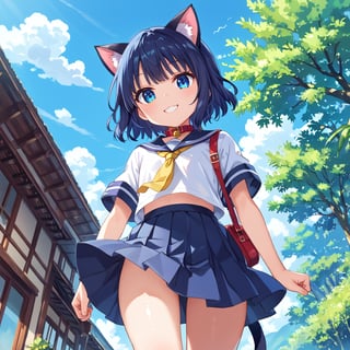 masterpiece, best quality, ultra-detailed, score_9, score_8_up, score_7_up, 
focus on face,

(one girl), solo,

shiny dark blue hair, shiny dark blue cat ears ,  short bob hair, dark blue medium hair, shiny dark blue hairs ,blue eyes,

, kannakamui, emo, Claudia, , (((flat chest))), No public hair, extremely pretty face, beautiful face, ultra-detaild face, cute and round face, ultra-detailed eyes, round eyes, rubby eyes, droopy eyes, 

beautiful and delicate and ultra-detailed finger, 

(((very young Petite girl))), skinny,

((cat ears)),Cat ears the same color as her hair, cat collar, cat tail,

summer, japan, country, countryside, mountain range, paddy field, 


walking, carry a blue student bag on one's shoulder, hands free,

(((white summer school uniform))), short sleeve, yellow ribbon tie,  wind,

shyness, smile, happy,

look at viewer, shot from below, 

,mirham,angeldust_style,scenery