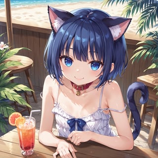 masterpiece, best quality, ultra-detailed, score_9, score_8_up, score_7_up, 
focus on face,

(one girl), shot from above,

shiny dark blue hair, shiny dark blue cat ears ,  short bob hair, dark blue medium hair, shiny dark blue hairs ,blue eyes,

, kannakamui, emo, Claudia, , (((flat chest))), No public hair, extremely pretty face, beautiful face, ultra-detaild face, cute and round face, ultra-detailed eyes, round eyes, rubby eyes, droopy eyes , 

beautiful and delicate and ultra-detailed finger, 

(((very young Petite girl))), skinny,

((nekomimi)),Cat ears the same color as her hair, cat collar,

summer, in the lakeside, outdoor, resort,
 in  the open cafe, sit at a table, one tropical juice, two straws, she drinks juice through a straw,bring one's face close to the glass,

white Summer-like camisole dress , colored lace line ribbon, lots of lace, shyness, smile, happy,

cat tail,
