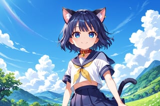 masterpiece, best quality, ultra-detailed, score_9, score_8_up, score_7_up, 
focus on face,

(one girl), solo,

shiny dark blue hair, shiny dark blue cat ears ,  short bob hair, dark blue medium hair, shiny dark blue hairs ,blue eyes,

, kannakamui, emo, Claudia, , (((flat chest))), No public hair, extremely pretty face, beautiful face, ultra-detaild face, cute and round face, ultra-detailed eyes, round eyes, rubby eyes, droopy eyes, 

beautiful and delicate and ultra-detailed finger, 

(((very young Petite girl))), skinny,

((cat ears)),Cat ears the same color as her hair, cat collar, cat tail,

summer, japan, country, countryside, mountain range, paddy field, 


walking, hands free,

(((white summer school uniform))), short sleeve, yellow ribbon tie, blowing in the wind,

shyness, smile, happy,

look at viewer, shot from below, 

,mirham,angeldust_style,scenery