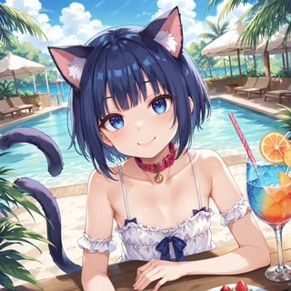 masterpiece, best quality, ultra-detailed, score_9, score_8_up, score_7_up, 
focus on face,

(one girl), 

shiny dark blue hair, shiny dark blue cat ears ,  short bob hair, dark blue medium hair, shiny dark blue hairs ,blue eyes,

, kannakamui, emo, Claudia, , (((flat chest))), No public hair, extremely pretty face, beautiful face, ultra-detaild face, cute and round face, ultra-detailed eyes, round eyes, rubby eyes, droopy eyes , 

beautiful and delicate and ultra-detailed finger, 

(((very young Petite girl))), skinny,

((nekomimi)),Cat ears the same color as her hair, cat collar,

summer, in the lakeside, outdoor, resort,
 in  the open cafe, sit at a table, one tropical juice, two straws,

white Summer-like camisole dress , colored lace line ribbon, lots of lace, shyness, smile, happy,

cat tail,
