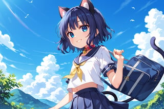 masterpiece, best quality, ultra-detailed, score_9, score_8_up, score_7_up, 
focus on face,

(one girl), solo,

shiny dark blue hair, shiny dark blue cat ears ,  short bob hair, dark blue medium hair, shiny dark blue hairs ,blue eyes,

, kannakamui, emo, Claudia, , (((flat chest))), No public hair, extremely pretty face, beautiful face, ultra-detaild face, cute and round face, ultra-detailed eyes, round eyes, rubby eyes, droopy eyes, 

beautiful and delicate and ultra-detailed finger, 

(((very young Petite girl))), skinny,

((cat ears)),Cat ears the same color as her hair, cat collar, cat tail,

summer, japan, country, countryside, mountain range, paddy field, 


walking, carry a blue student bag on one's shoulder, hands free,

(((white summer school uniform))), short sleeve, yellow ribbon tie, blowing in the wind,

shyness, smile, happy,

look at viewer, shot from below, 

,mirham,angeldust_style,scenery