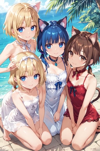 masterpiece, best quality, ultra-detailed, score_9, score_8_up, score_7_up, 
facing viewer, above view, 

,(((Three girls))), 

the first one (shiny brown hair, shiny brown cat ears ,  short hair, light blonde medium hair, low twintails, shiny brown hairs ,brown eyes, ), 

the second one (shiny blonde hair, shiny blonde cat ears ,  short hair, light blonde medium hair, low twintails, shiny blonde hairs ,blue eyes ),

the third one (shiny dark blue hair, shiny dark blue cat ears ,  short bob hair, dark blue medium hair, , shiny dark blue hairs ,blue eyes ),

, kannakamui, emo, Claudia, , (((flat chest))), No public hair, extremely pretty face, beautiful face, ultra-detaild face, cute and round face, ultra-detailed eyes, round eyes, rubby eyes, droopy eyes , 

Exact finger count, beautiful and delicate and ultra-detailed finger, 1 of the 5 beautiful fingers is a thumb and natural shape,

(((very young Petite girl))), skinny,

((leaning forward)),((pow pose)), kneeling ,hip shift ,

good friends, holding hands, sexfriend,

summer, in the lakeside, outdoor,

white Summer-like camisole dress , colored lace line ribbon, lots of lace,shyness or smile,
