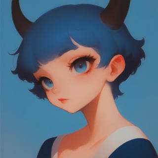 score_9, score_8_up, score_7_upl, gloomybabe, solo, 1girl, horns, blue background, simple background, blue eyes, short hair, blue hair