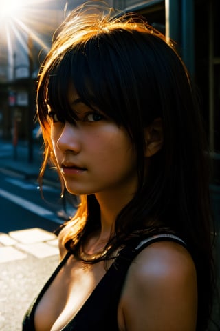 realistic,portrait,sunlight,shadow,japaness,sexy,girl,messy hair,light,outdoor,detailed,real skin,lightshapes,Masterpiece,anime,masterpiece