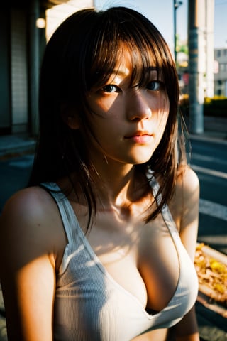 realistic,portrait,sunlight,shadow,japaness,sexy,girl,messy hair,light,outdoor,detailed,real skin,lightshapes,anime,masterpiece