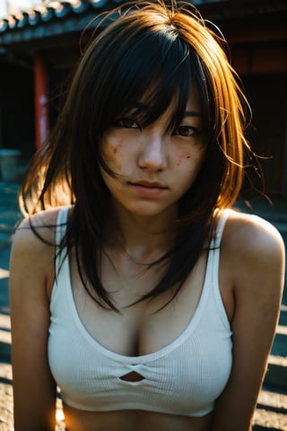 realistic,portrait,sunlight,shadow,japaness,sexy,girl,messy hair,light,outdoor,detailed,real skin,lightshapes,Masterpiece,anime,masterpiece