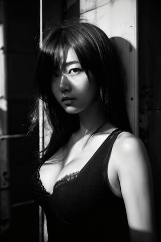 realistic,oraku-b-w,grayscale,portrait,sunset,shadow,japaness,sexy,girl,cyber suit,messy hair,light,outdoor,detailed,real skin,lightshapes,anime,masterpiece,korean girls,cleavage,in space suit,interior,Futuristic room,dark,monochrome,