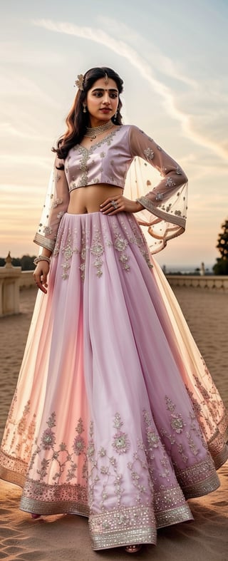 Choose a flowy Anarkali suit in soft pastel hues adorned with delicate embellishments for ethereal beauty,twirl your dupatta against the backdrop of a setting sun, embodying grace and serenity,looking into camera,cute smile,black hair,black eyes
