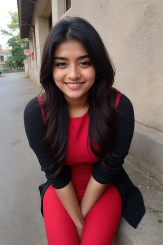 beautiful cute young attractive indian teenage girl, village girl, 18 years old, cute, Instagram model, long black hair, colorful hair, warm, dacing, standing at college, near schoo building,realistic, portrait, red kurti , hairstyle ,indian, smiling face red dress wide shot, far shot , red leggings, top red , shoes , hairstyle, standing near stree, on phone smile , sitting, far ,looks alike anju kurian