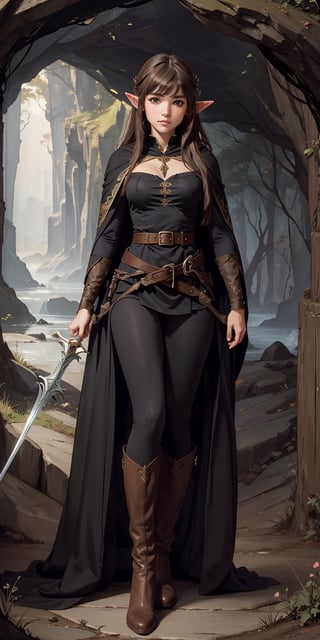 Masterpiece, illustration, fantasy,
(by John William Waterhouse), beautiful elf girl ((elf ears)), best body, beautiful hairstyle, fantasy robe, boots,  leggings, (black cloak and belts), (pantyhose), (1 rapier), skin folds, inside a dark cave, soft, cute face, soft colors, female, dreamy, pastel, more detail XL, (((full_body_portrait))), (pov_eye_contact),