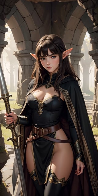 Masterpiece, illustration, fantasy,
(by John William Waterhouse), beautiful elf girl ((elf ears)), best body, beautiful hairstyle, fantasy robe, boots,  leggings, (black cloak and belts), (pantyhose), (1 rapier), skin folds, inside a dark cave, soft, cute face, soft colors, female, dreamy, pastel, more detail XL, (((full_body_portrait))), (pov_eye_contact),