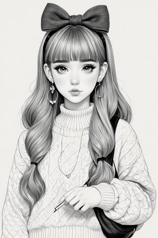 Manga style illustration, line art, pencil art, 1girl,solo,long hair,looking at viewer,blush,bangs,simple background,long sleeves,white background,bow,jewelry,closed mouth,monochrome,upper body,hair bow,greyscale,heart,hairband,earrings,choker,belt,bag,sweater,border,backpack,hoop earrings,heart earrings,heart choker